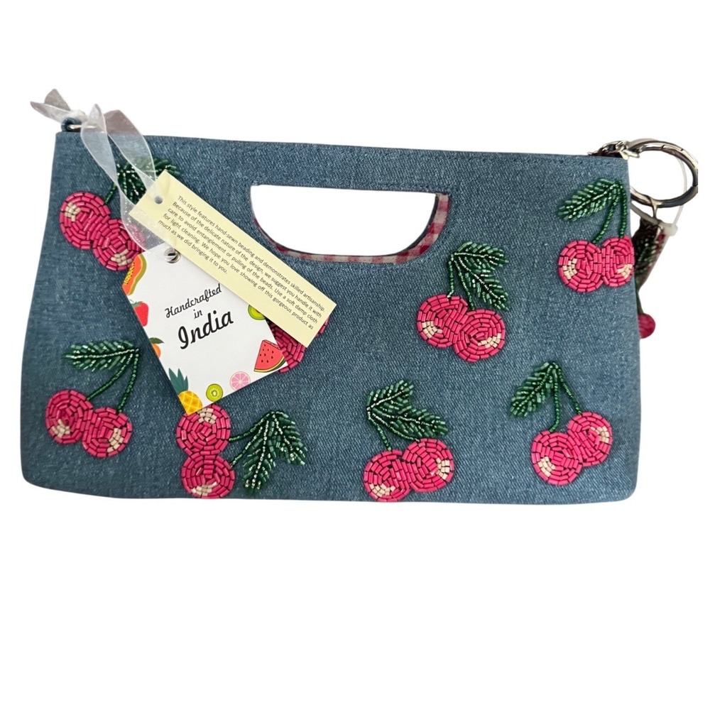 India Cherry beaded denim Interior Pink Gingham Crossbody Silver Tone Chain NWT